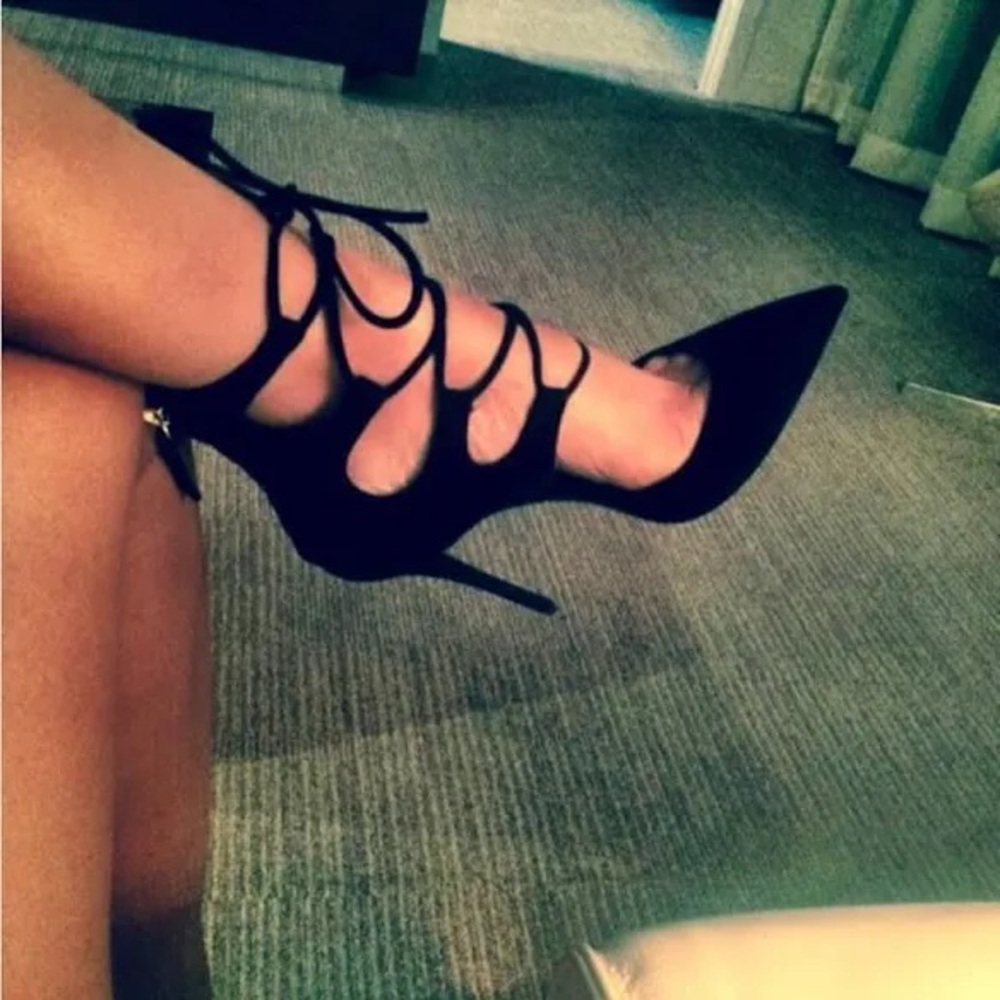 GIUSEPPE ZANOTTI BLACK SUEDE LACE UP ANKLE HIGH HEEL POINTY TOE PUMPS - Picture 2 of 11
